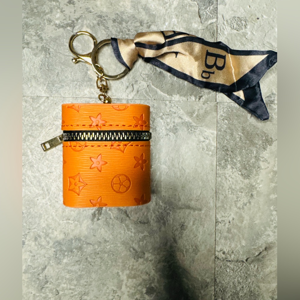 Luxury Fashion Bag-Orange Embossed Monogram Key Pouch Keychain w/ Twilly.